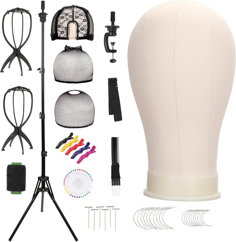 Demides 22'' Canvas Wig Head with 61'' Adjustable Tripod Stand, Mannequin Head Set for Styling, Display – Includes Caps, Elastic Bands, Stand & Tool Kit for Beginners and Professionals - Image 1